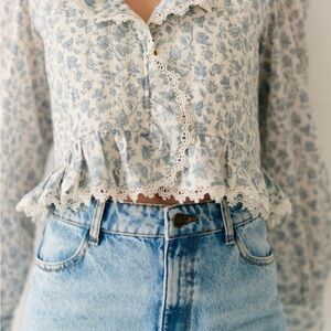 NWT Sezane Blue and White Ruffled Crop Blouse